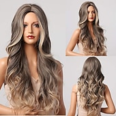 economico Parrucche trendy sintetiche-parrucca bionda lunga ombre per le donne 26 pollici parrucche ondulate bionde sintetiche parte centrale capelli resistenti al calore lunga parrucca bionda per abbigliamento da festa quotidiano