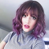 ieftine Peruci Sintetice Trendy-peruci albastre pentru femei perucă ondulată cu cap ondulat cu breton perucă mov cu gradient natural păr sintetic lungimea umărului perucă păr scurt creț 8 inch (aproximativ 20 cm) peruci pentru