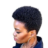 economico Parrucche di capelli veri senza cuffia-parrucca di capelli umani remy afro riccio parte laterale naturale designer parrucca afro-americana senza cappuccio capelli cinesi delle donne nero 6 pollici da sera da sera festa / serata