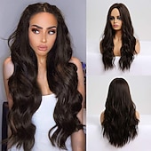 economico Parrucche trendy sintetiche-parrucca bionda lunga ombre per le donne 26 pollici parrucche ondulate bionde sintetiche parte centrale capelli resistenti al calore lunga parrucca bionda per abbigliamento da festa quotidiano