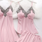 billiga Sovkläder till damer-dam pyjamas dräkter klänning nattlinne pjs 5 stycken ren färg mode enkel retro fest hem säng satin siden v wire långärmad rem topp byxa elastiskt midjebälte ingår vår höst hem kläder
