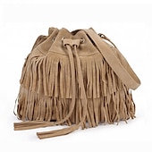 economico Borse a Tracolla-Borsa a secchiello con frange in pelle scamosciata da donna – borsa a tracolla con coulisse in stile boho per festival musicali, uscite informali e gite del fine settimana