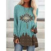cheap Tunic Tops-Women's Plus Size T Shirt Tunic Shirts Geometric Plaid Vintage Tunic Ethnic Long Sleeve Round Neck Long Tops Casual Print Marron Yellow Light Green Wine Red Fall &amp; Winter Prefall