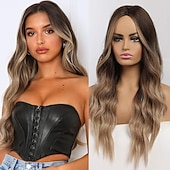 economico Parrucche trendy sintetiche-parrucca bionda lunga ombre per le donne 26 pollici parrucche ondulate bionde sintetiche parte centrale capelli resistenti al calore lunga parrucca bionda per abbigliamento da festa quotidiano