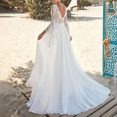 billige uformelle brudekjoler-Strand Åpen Rygg Boho Bryllup Kjoler A-linje V-hals Lange Ermer Slepe  Børstetog Chiffon Brudekjoler Med Folds 2025