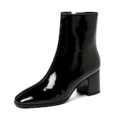 abordables Botines-Botines de charol blanco para mujer: diseño elegante con cremallera lateral y tacones de bloque, perfectos para una noche elegante o atuendos casuales y elegantes
