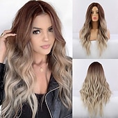 economico Parrucche trendy sintetiche-parrucca bionda lunga ombre per le donne 26 pollici parrucche ondulate bionde sintetiche parte centrale capelli resistenti al calore lunga parrucca bionda per abbigliamento da festa quotidiano