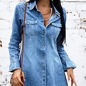 halpa Farkkumekot-Naisten Farkkupaita Mini mekko Denim Tyylikäs Vapaa-aika ulko- Talvi mekko Päivittäin Paitapuserokaula-aukko nappi Tasku Pitkähihainen Kesä Kevät Syksy 2022 Normaali Vaalean sininen Puhdas väri S M L