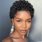 voordelige Kaploze pruiken van echt haar-Echt haar Pruik Kort Afro krullend Pixie-kapsel Natuur Zwart Dames Feest Modieus Zonder kap Braziliaans haar Dames Zwart Vakantie Feest / Uitgaan Dagelijks