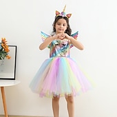 abordables Robes avec des licornes-Enfants Fille Robe à imprimé arc-en-ciel Coloré Soirée Robe Tutu La photographie Paillettes Licou Le style mignon Princesse Tulle 2-8 ans Argent Violet Dorée