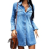 halpa Farkkumekot-Naisten Farkkupaita Mini mekko Denim Tyylikäs Vapaa-aika ulko- Talvi mekko Päivittäin Paitapuserokaula-aukko nappi Tasku Pitkähihainen Kesä Kevät Syksy 2022 Normaali Vaalean sininen Puhdas väri S M L