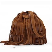 economico Borse a Tracolla-Borsa a secchiello con frange in pelle scamosciata da donna – borsa a tracolla con coulisse in stile boho per festival musicali, uscite informali e gite del fine settimana