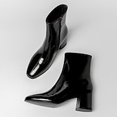 abordables Botines-Botines de charol blanco para mujer: diseño elegante con cremallera lateral y tacones de bloque, perfectos para una noche elegante o atuendos casuales y elegantes