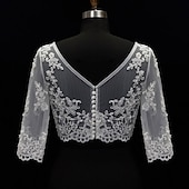 voordelige Bruiloftsomslagen-Sjaal &amp; Omslagdoek Omslagdoeken Damesomslag Bolero Sexy Bruids Halve mouw Kant Bruiloftsomslagen Met Knoop Voor Bruiloft Lente zomer