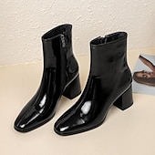 abordables Botines-Botines de charol blanco para mujer: diseño elegante con cremallera lateral y tacones de bloque, perfectos para una noche elegante o atuendos casuales y elegantes
