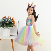 abordables Robes avec des licornes-Enfants Fille Robe à imprimé arc-en-ciel Coloré Soirée Robe Tutu La photographie Paillettes Licou Le style mignon Princesse Tulle 2-8 ans Argent Violet Dorée