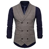 cheap Men&#039;s Vest-Men&#039;s Vest Waistcoat Business Wedding Party Active Smart Casual Spring Fall Polyester Plaid Double Breasted Shirt Collar Slim Brown Light Grey Dark Gray Vest