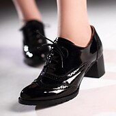 cheap 1950s-Women&#039;s Navy Blue Patent Leather Oxford Shoes – Chunky Heel Brogue Lace-Up Dress Shoes for Office, Vintage Style &amp; Formal Occasions