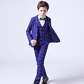 billiga Pojkes formella kostym-3 delar Ringbärarkostym Pojkar Barn Småbarn Kostym Formell kostym Kostym och blazer Byxset Formellt set Fest Speciellt Tillfälle Vintage Mode Formell Rutig Rosett Rubinrött Blå Grå Bomull