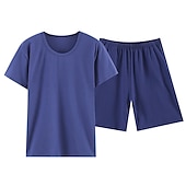billiga Pyjamas-Herr Vardagsklädsel Sovkläder Pyjamas set Pyjamastopp och shorts 1set Ren färg Mode Mjukt Hem Säng Bomull Lättvikt Rund hals Kortärmad Shorts Grundläggande Höst Vår Svart Marinblå