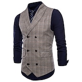 cheap Men&#039;s Vest-Men&#039;s Vest Waistcoat Business Wedding Party Active Smart Casual Spring Fall Polyester Plaid Double Breasted Shirt Collar Slim Brown Light Grey Dark Gray Vest