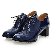 cheap 1950s-Women&#039;s Navy Blue Patent Leather Oxford Shoes – Chunky Heel Brogue Lace-Up Dress Shoes for Office, Vintage Style &amp; Formal Occasions