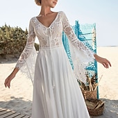 billige uformelle brudekjoler-Strand Åpen Rygg Boho Bryllup Kjoler A-linje V-hals Lange Ermer Slepe  Børstetog Chiffon Brudekjoler Med Folds 2025