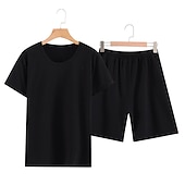 billiga Pyjamas-Herr Vardagsklädsel Sovkläder Pyjamas set Pyjamastopp och shorts 1set Ren färg Mode Mjukt Hem Säng Bomull Lättvikt Rund hals Kortärmad Shorts Grundläggande Höst Vår Svart Marinblå