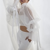 preiswerte Hochzeit Schals-elfenbein schal&amp;amp; Wrap Damen Wrap Puff Langarm Spitze Hochzeit Wraps mit Schleife für Party Abend Frühling&amp;amp; Sommer