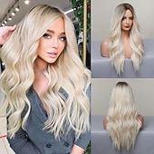 economico Parrucche trendy sintetiche-parrucca bionda lunga ombre per le donne 26 pollici parrucche ondulate bionde sintetiche parte centrale capelli resistenti al calore lunga parrucca bionda per abbigliamento da festa quotidiano