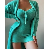 billiga Loungewear till damer-dam loungewear nattset 2 stycken ren färg mode enkel komfort st.patrick&#039;s day street gå ut fleece varm present v tråd ärmlös rem top basic höst vinter hem outfits