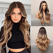 economico Parrucche trendy sintetiche-parrucca bionda lunga ombre per le donne 26 pollici parrucche ondulate bionde sintetiche parte centrale capelli resistenti al calore lunga parrucca bionda per abbigliamento da festa quotidiano
