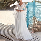 billige uformelle brudekjoler-Strand Åpen Rygg Boho Bryllup Kjoler A-linje V-hals Lange Ermer Slepe  Børstetog Chiffon Brudekjoler Med Folds 2025