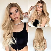 economico Parrucche trendy sintetiche-parrucca bionda lunga ombre per le donne 26 pollici parrucche ondulate bionde sintetiche parte centrale capelli resistenti al calore lunga parrucca bionda per abbigliamento da festa quotidiano
