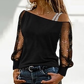 baratos Tops elegantes-Mulheres Camiseta Preto Vinho Azul Tecido Com Transparência Patchwork Manga Longa Para Noite Final de semana Um Ombro Sensual Estilo Praia Assimétrico Padrão S