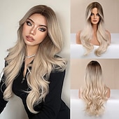 economico Parrucche trendy sintetiche-parrucca bionda lunga ombre per le donne 26 pollici parrucche ondulate bionde sintetiche parte centrale capelli resistenti al calore lunga parrucca bionda per abbigliamento da festa quotidiano