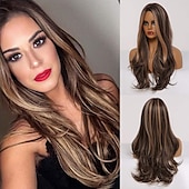 economico Parrucche trendy sintetiche-parrucca bionda lunga ombre per le donne 26 pollici parrucche ondulate bionde sintetiche parte centrale capelli resistenti al calore lunga parrucca bionda per abbigliamento da festa quotidiano