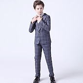 billiga Pojkes formella kostym-3 delar Ringbärarkostym Pojkar Barn Småbarn Kostym Formell kostym Kostym och blazer Byxset Formellt set Fest Speciellt Tillfälle Vintage Mode Formell Rutig Rosett Rubinrött Blå Grå Bomull