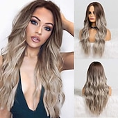 economico Parrucche trendy sintetiche-parrucca bionda lunga ombre per le donne 26 pollici parrucche ondulate bionde sintetiche parte centrale capelli resistenti al calore lunga parrucca bionda per abbigliamento da festa quotidiano