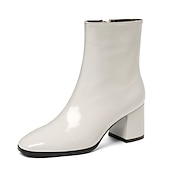 abordables Botines-Botines de charol blanco para mujer: diseño elegante con cremallera lateral y tacones de bloque, perfectos para una noche elegante o atuendos casuales y elegantes