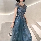 economico Abiti Lunghi &amp; Gowns-A-Line prom dress per ospiti di matrimonio elegante con scollatura a gioiello lungo fino al pavimento in tulle maniche corte con pieghe e applicazioni taglia personalizzata gratuita