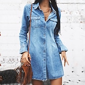 halpa Farkkumekot-Naisten Farkkupaita Mini mekko Denim Tyylikäs Vapaa-aika ulko- Talvi mekko Päivittäin Paitapuserokaula-aukko nappi Tasku Pitkähihainen Kesä Kevät Syksy 2022 Normaali Vaalean sininen Puhdas väri S M L