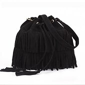 economico Borse a Tracolla-Borsa a secchiello con frange in pelle scamosciata da donna – borsa a tracolla con coulisse in stile boho per festival musicali, uscite informali e gite del fine settimana