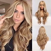 economico Parrucche trendy sintetiche-parrucca bionda lunga ombre per le donne 26 pollici parrucche ondulate bionde sintetiche parte centrale capelli resistenti al calore lunga parrucca bionda per abbigliamento da festa quotidiano