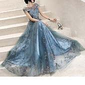 economico Abiti Lunghi &amp; Gowns-A-Line prom dress per ospiti di matrimonio elegante con scollatura a gioiello lungo fino al pavimento in tulle maniche corte con pieghe e applicazioni taglia personalizzata gratuita