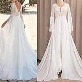 billige uformelle brudekjoler-Strand Åpen Rygg Boho Bryllup Kjoler A-linje V-hals Lange Ermer Slepe  Børstetog Chiffon Brudekjoler Med Folds 2025