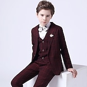 billiga Pojkes formella kostym-3 delar Ringbärarkostym Pojkar Barn Småbarn Kostym Formell kostym Kostym och blazer Byxset Formellt set Fest Speciellt Tillfälle Vintage Mode Formell Rutig Rosett Rubinrött Blå Grå Bomull