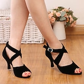 cheap Latin Shoes-Women&#039;s Black Suede Latin Dance Shoes – Open Toe Heels with Soft Suede Sole and Cross Ankle Straps for Ballroom, Salsa, and Performance Practice