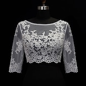 voordelige Bruiloftsomslagen-Sjaal &amp; Omslagdoek Omslagdoeken Damesomslag Bolero Sexy Bruids Halve mouw Kant Bruiloftsomslagen Met Knoop Voor Bruiloft Lente zomer