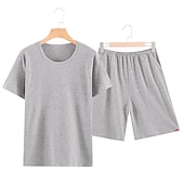 billiga Pyjamas-Herr Vardagsklädsel Sovkläder Pyjamas set Pyjamastopp och shorts 1set Ren färg Mode Mjukt Hem Säng Bomull Lättvikt Rund hals Kortärmad Shorts Grundläggande Höst Vår Svart Marinblå